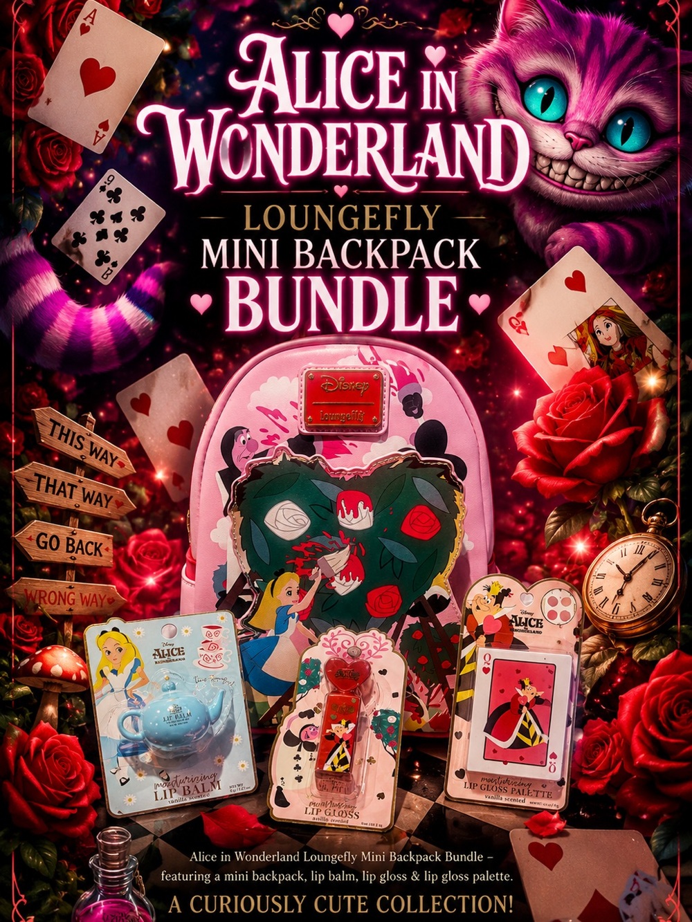 Loungefly Pink Alice Painting Roses Mini backpack, bundle 🎒